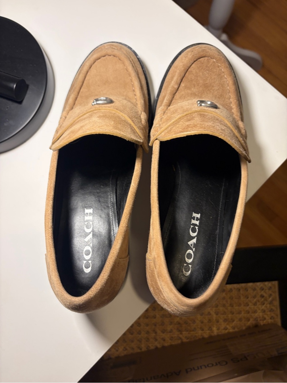 Coach Tan Suede Women's Penny Loafers with Silver Accent - Picture 5 of 8